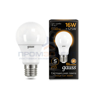 Лампа Gauss A60 16W 1380lm 3000K E27 LED 1/10/50